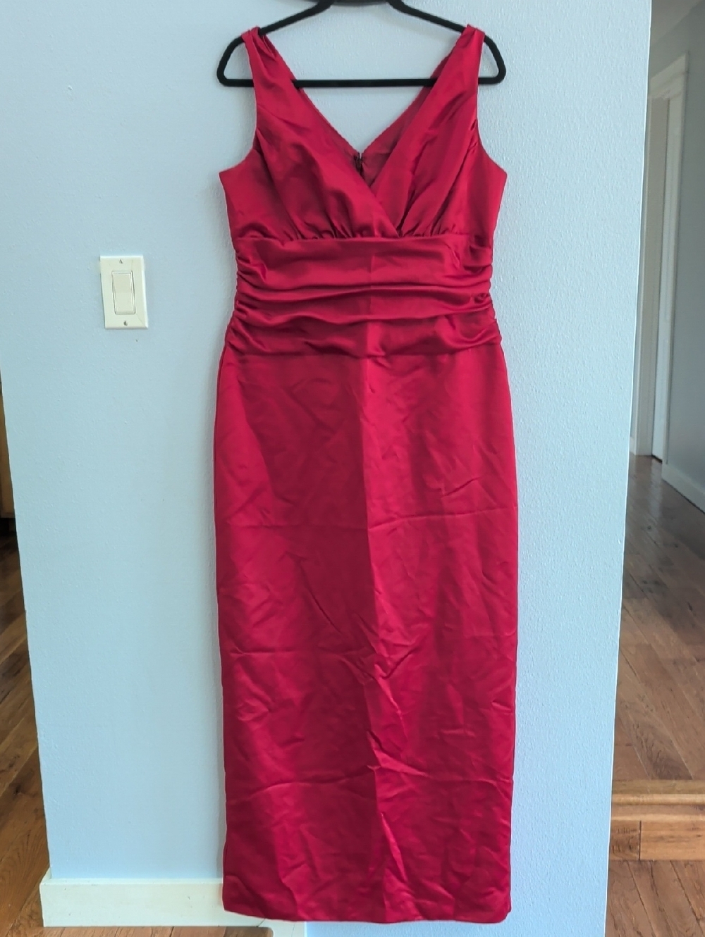 David's Bridal Satin Red V-Neck Ruched Maxi Dress 81047EF